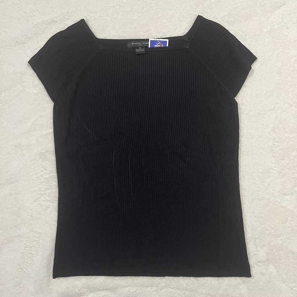 August Silk Knit Square Neck Cap Sleeve Top Black XL Ribbed‎ Chic Minimalist
